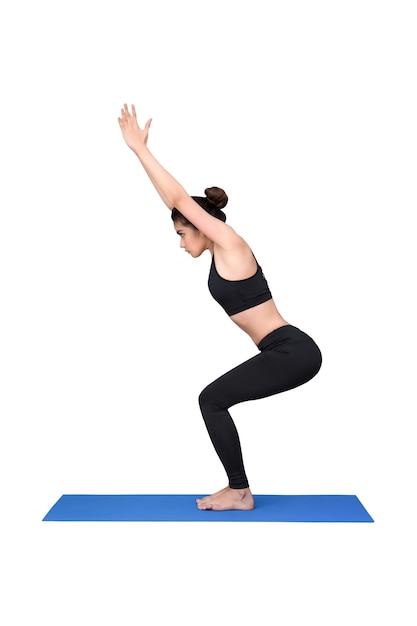 Healthy woman exercising yoga isolated with clipping path on white background.