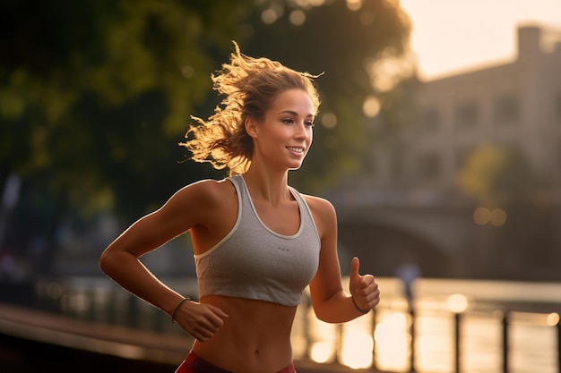 Healthy woman jogging at the riverside in the daytime