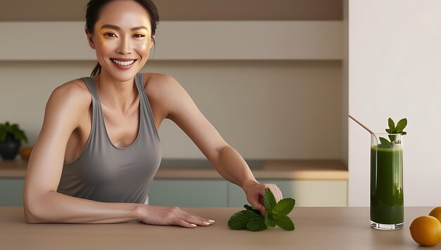 Photo healthy woman smiling while holding some green juice