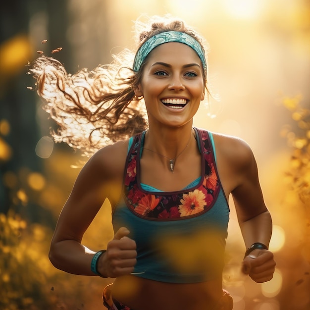 Healthy woman with beautiful smile trail running Ai Generative