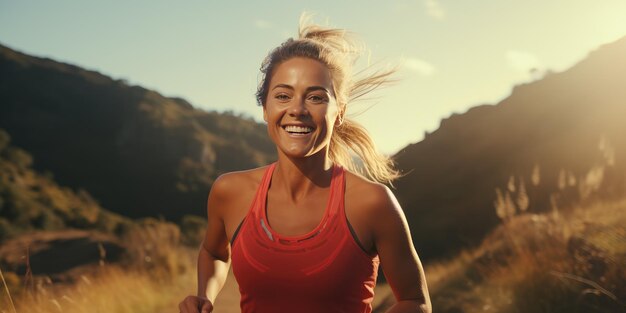 Healthy woman with beautiful smile trail running Ai Generative