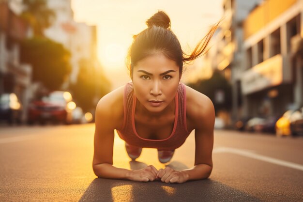 Photo healthy young asian runner woman warm up the body stretching before exercise