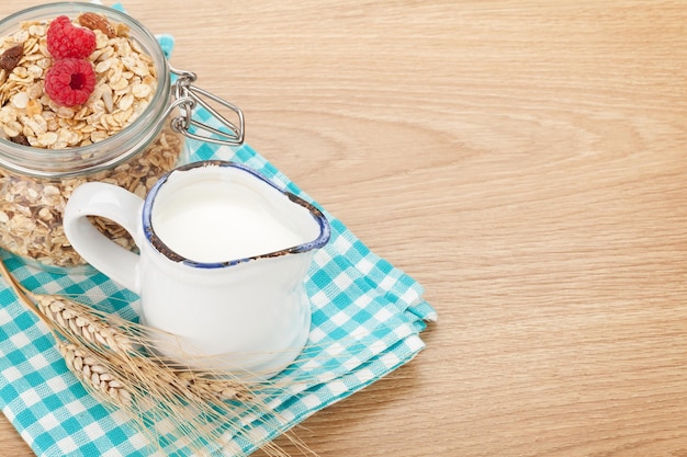 Colazione sana con bacche di muesli e latte