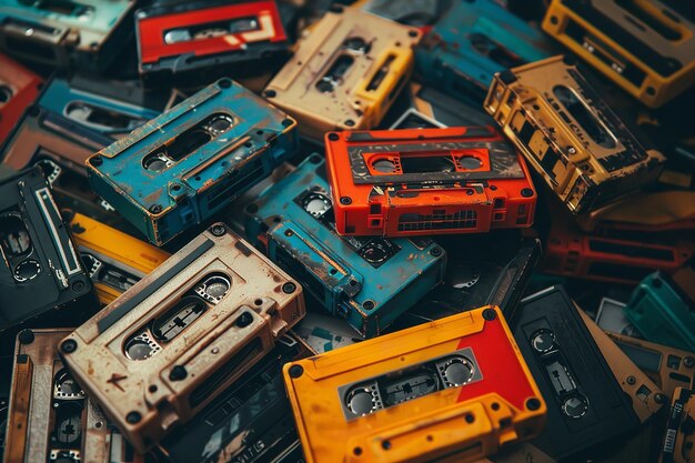 Heap of antique audio cassettes Retro music idea Generative Ai