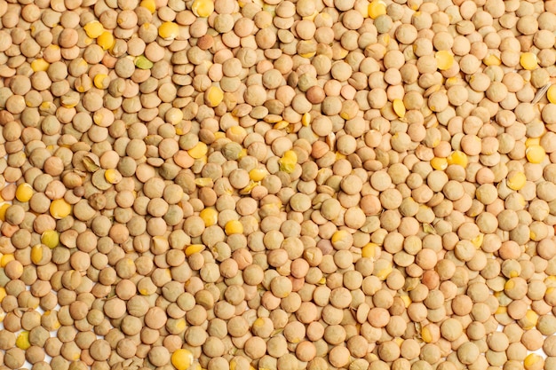 A heap of brown lentils in a close up view