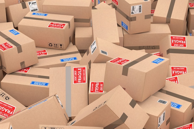 Heap of Cardboard Parcel Packages extreme closeup. 3d Rendering