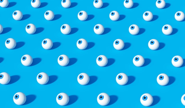 Photo heap of cartoon eyes look up on blue background