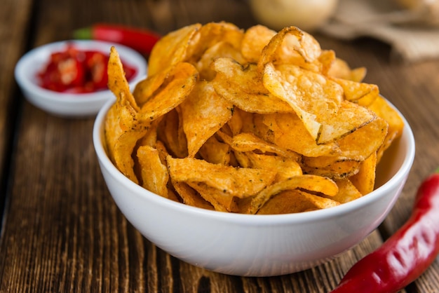 Heap of Chilli Potato Chips selective focus