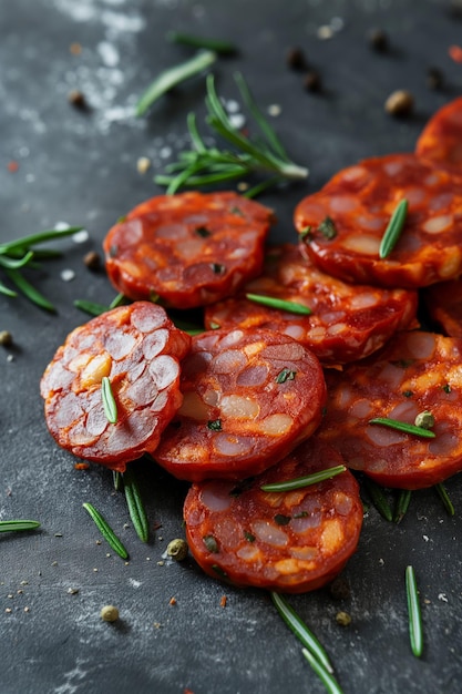 Heap of chorizo slices on a textured grey background