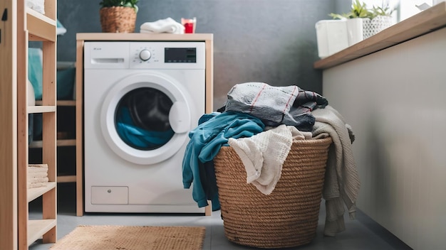 Heap of clothes for washing in basket standing on floor near washing machine in light bathroom