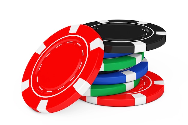 Mucchio di fiches colorate del casinò di poker su uno sfondo bianco. rendering 3d.