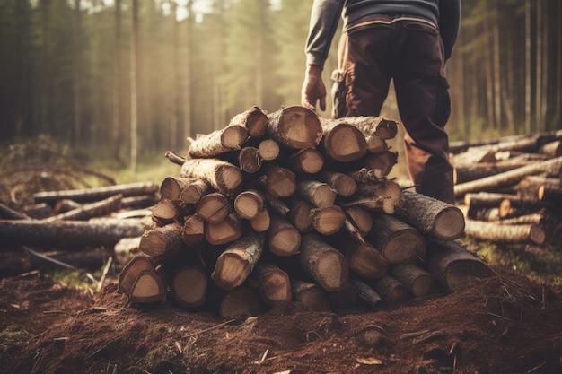 Heap of cutted branches in a forest with a worker on background Generaive AI