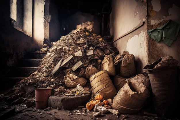 Heap of decaying organic matter in dirty premises overflowing garbage