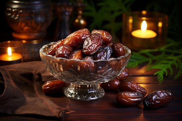 Heap of dried dates in a wooden bowl and isolated on a white