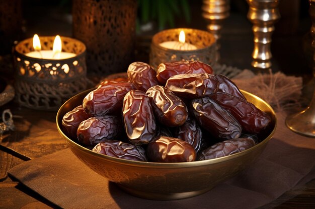 Heap of dried dates in a wooden bowl and isolated on a white