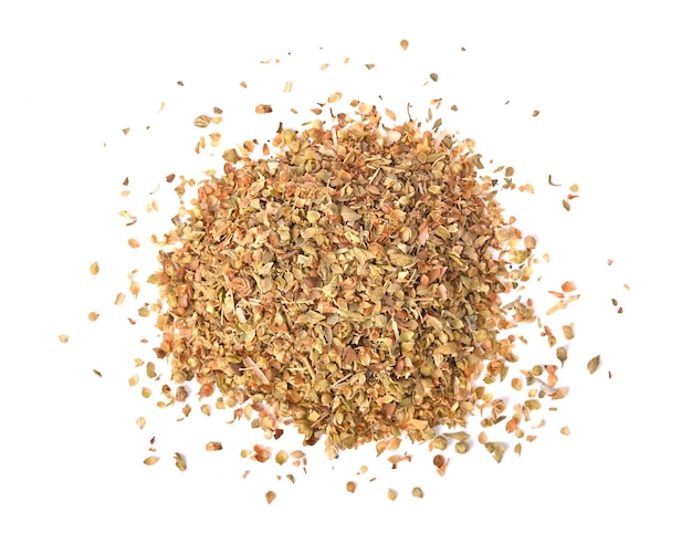 Heap of Dried oregano spice Pile of dry oregano or marjoram leaves on white background Top view