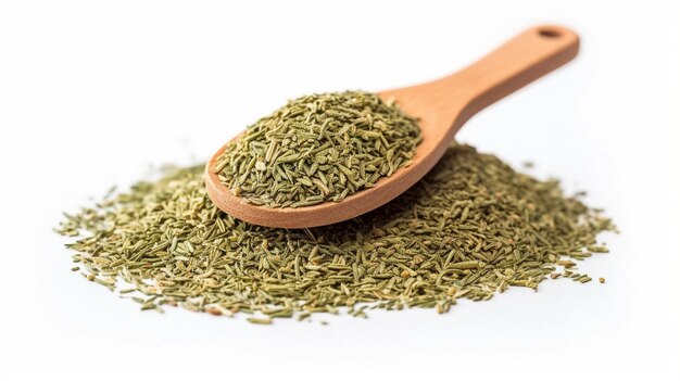 heap of dried thyme in wood spoon isolated