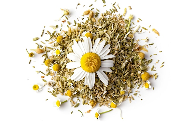 Heap of Dry Chamomile and Fresh Flower Top View on White Background Generative AI Tools Created