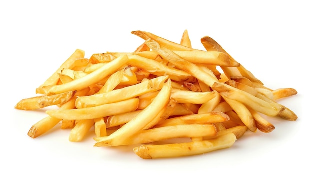 Heap of french fries isolated on white background top view