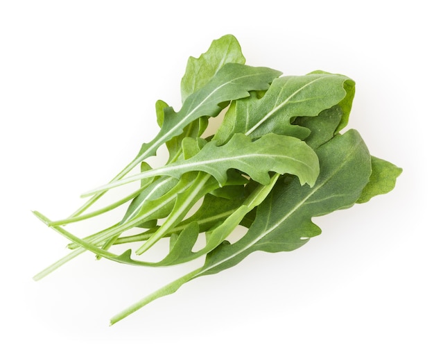 흰색 배경에 고립 된 신선한 arugula 잎의 힙