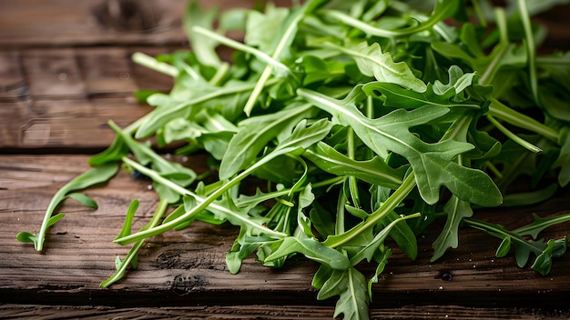 Photo heap of fresh arugula leaves on rustic wooden background green salad ingredient
