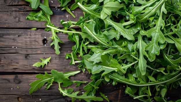 Photo heap of fresh arugula leaves on rustic wooden background green salad ingredient