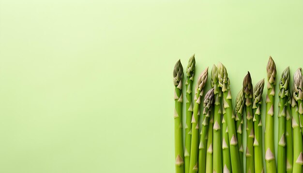 Photo heap of fresh asparagus on pastel light green background top view