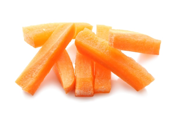 Heap of fresh baby carrot slices on white background