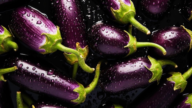 Heap of fresh eggplants with water drops background Vegetables backdrop Generative AI