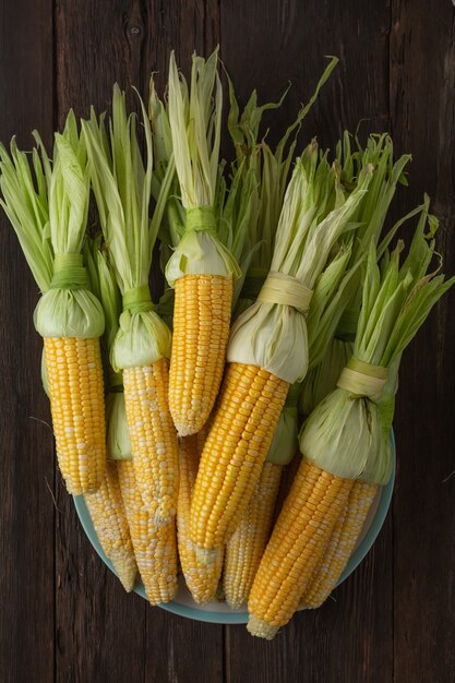 Heap of fresh raw corn on the cob on a wooden table, top view