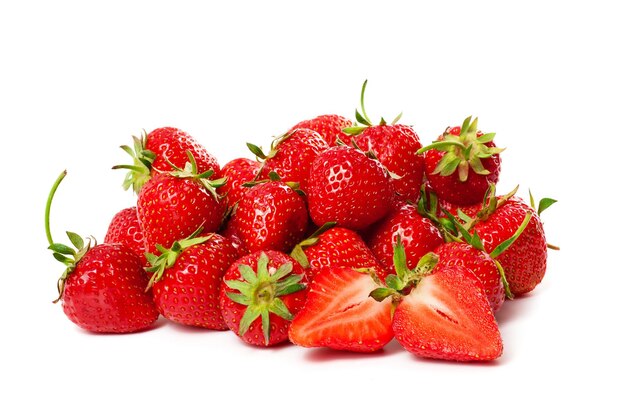 Heap of fresh red ripe strawberries isolated on white