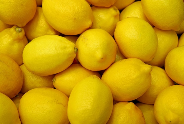 背景やバナーのための新鮮な熟した鮮やかな黄色のレモンのヒープ