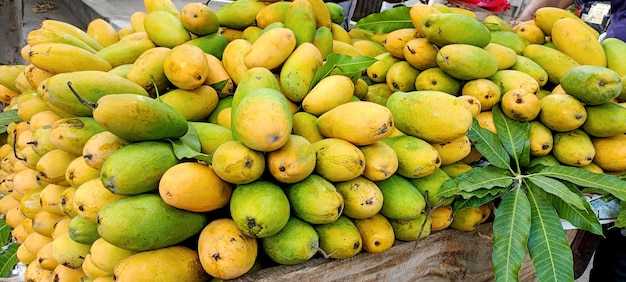 Heap of fresh ripe yellow mangoes background