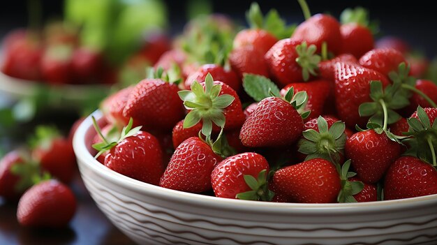 Heap of fresh strawberries in ceramic bowl on rustic white wooden background