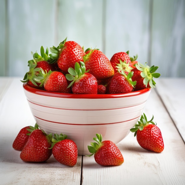 Heap of fresh strawberries in ceramic bowl on white background Generative AI