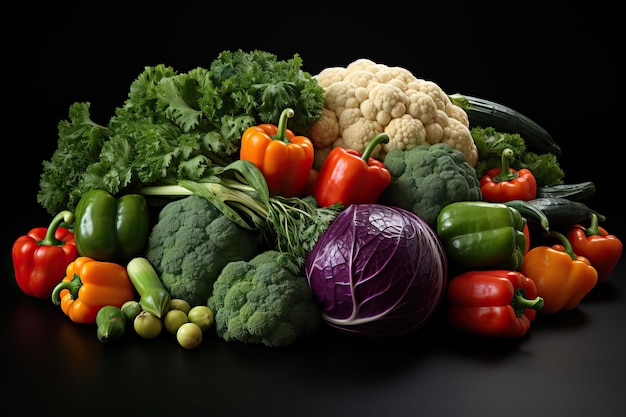 Photo heap of fresh vegetables on table with black background