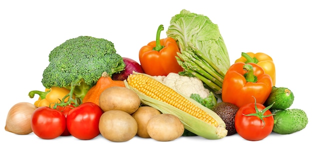 Heap of fresh vegetables on white isolated background