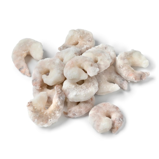 Heap of frozen raw shrimps close up