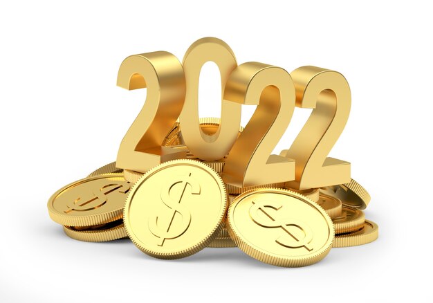 Photo heap of gold dollar coins with the number of new year