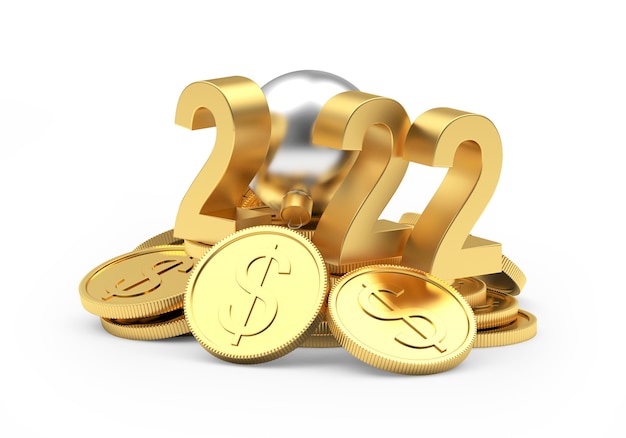 Photo heap of gold dollar coins with the numberof new year