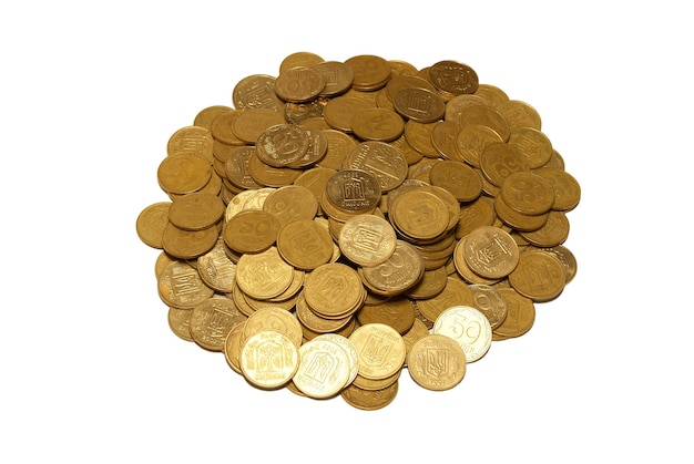 Heap of golden coins isolated on white.