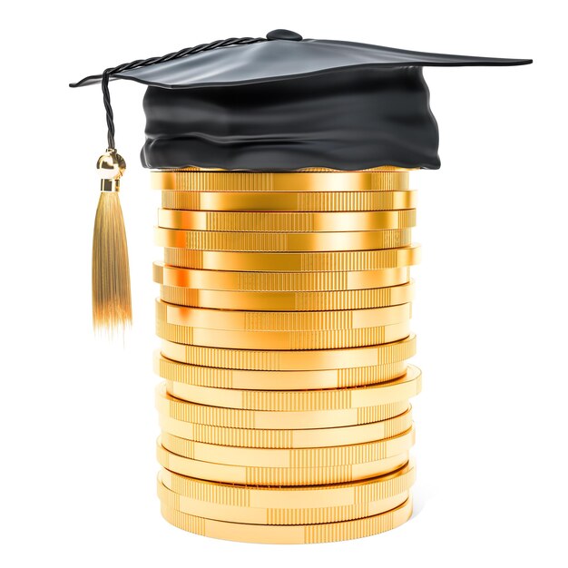 Heap of golden coins with graduation cap Savings for education concept 3D rendering