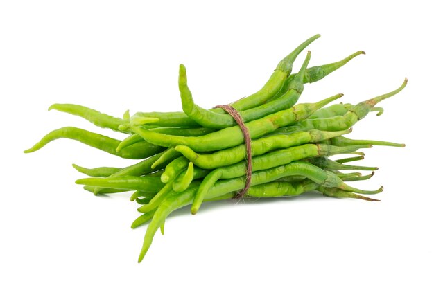 Heap of Green Chili or Mirchi on White Background