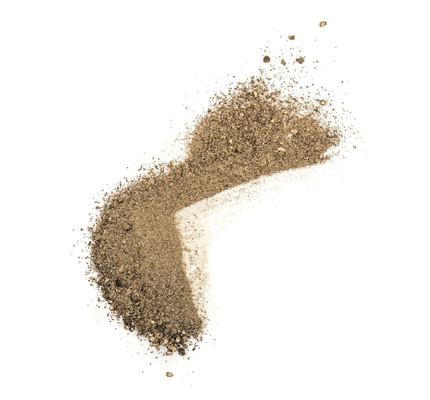 Heap of Ground Black Pepper Isolated on White Top View. Spice Looks like Scattered Sand Flat Lay and Top View