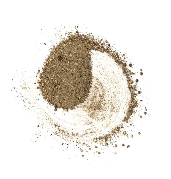 Heap of Ground Black Pepper Isolated on White Top View. Spice Looks like Scattered Sand Flat Lay and Top View