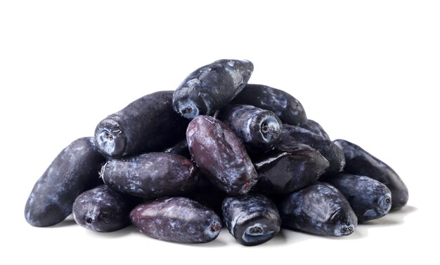 Heap of haskap berries closeup on a white background Isolated