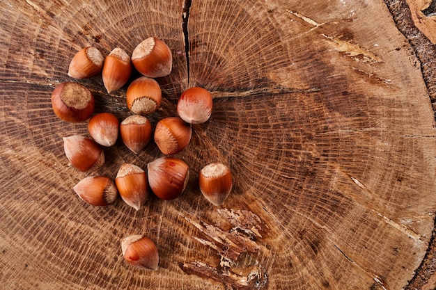 Heap of hazelnuts in shell isolated on wooden background