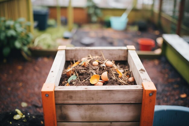 Photo heap of homemade compost in a wooden bin