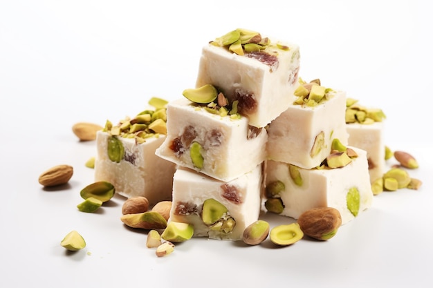 A heap of locum cubes with pistachios double roasted turkish delight on the white background