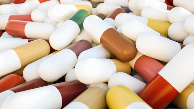 Heap of medical capsule pills 3D Rendering
